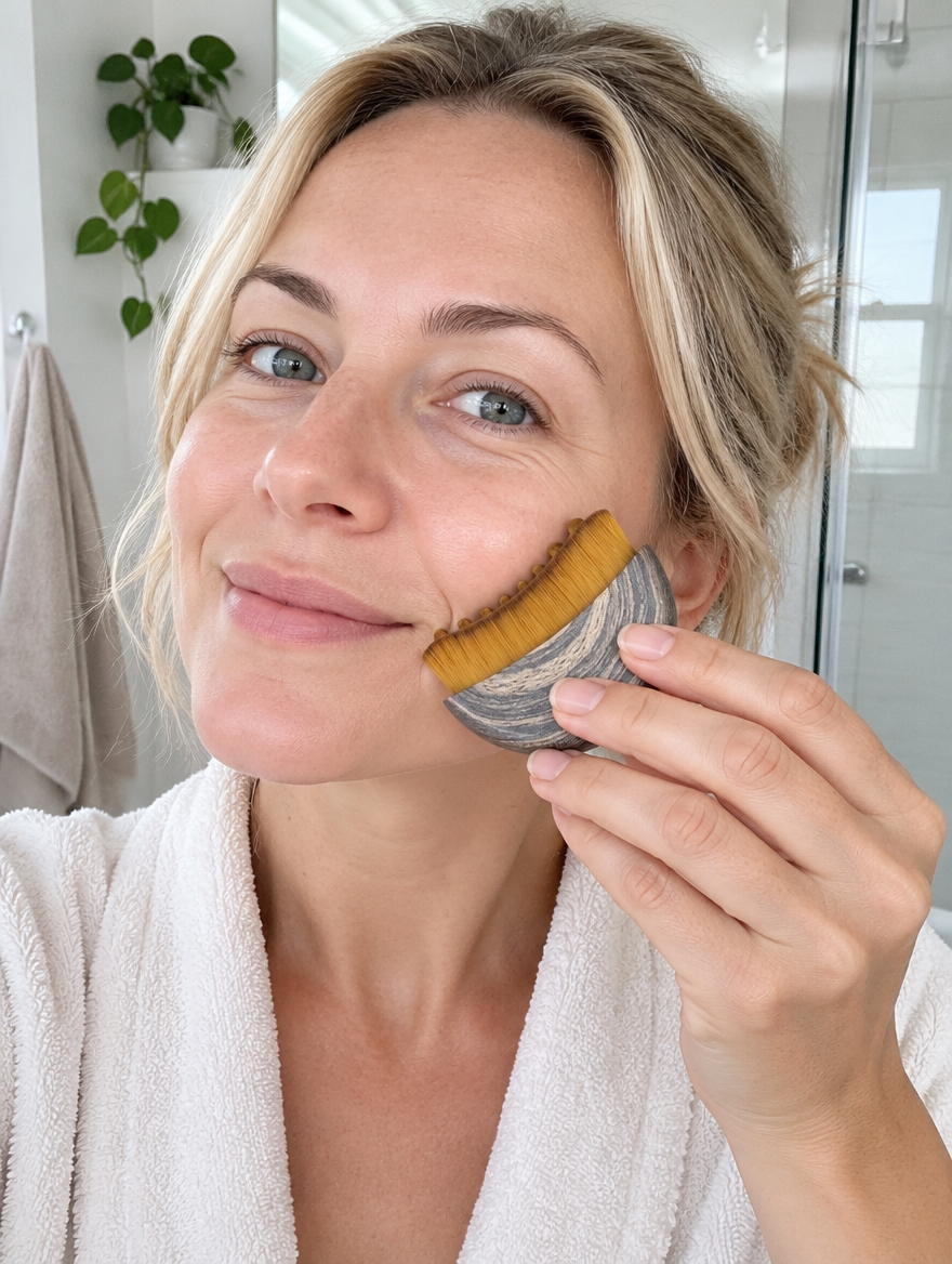 Nainen pitää Lyffe BeautyBrushia poskeaan vasten