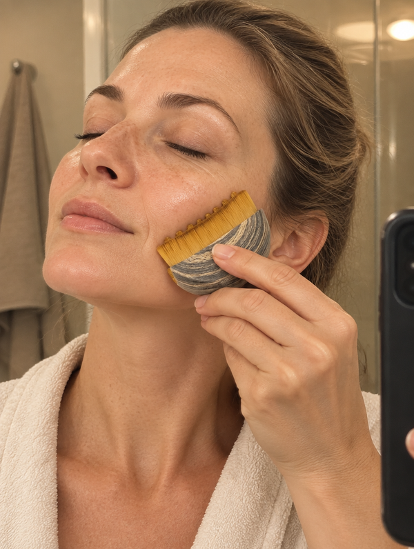 Nainen käyttää Lyffe BeautyBrushia peilin edessä